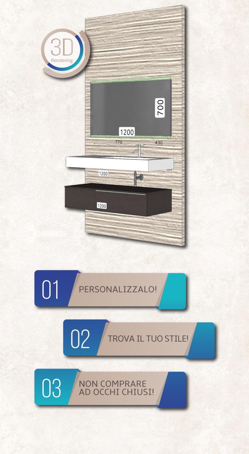 Lacapra Casa Bagno Design offre la possibilità di farvi rendere conto, in anteprima, di come sarà il vostro bagno, il vostro pavimento, il rivestimento di ogni tipo in 3D prima che venga posato o montato qualsiasi mobile nell’ambiente che più si desidera. Viene a trovarci e scopri di più.